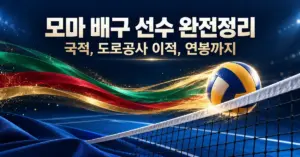 카메룬 국기를 연상시키는 초록·빨강·금색 궤적과 배구공, 네트를 배경으로 모마 배구 선수의 국적과 도로공사 이적, 연봉을 소개하는 한글 제목이 담긴 이미지.