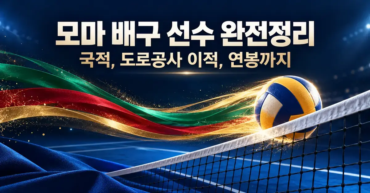 카메룬 국기를 연상시키는 초록·빨강·금색 궤적과 배구공, 네트를 배경으로 모마 배구 선수의 국적과 도로공사 이적, 연봉을 소개하는 한글 제목이 담긴 이미지.