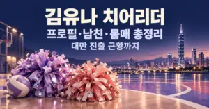 보라색과 산호색 응원용 술, 배구공, 대만 도심과 스포츠 코트를 배경으로 김유나 치어리더의 프로필과 대만 진출 근황을 소개하는 제목이 담긴 이미지.